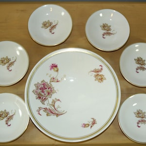 Hertel Jacob - Bavaria Germany - Round Bowl and Six Small Bowls, Floral with Gold Rim