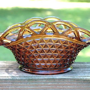 Imperial Laced Edge 9” Amber Glass Basket Fruit Bowl Square with Bent Curved Sides