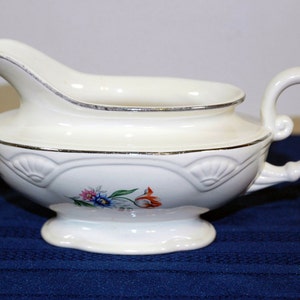 Vintage 1949 Homer Laughlin Floral Gravy Boat with Silver Rim