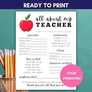 Teacher Favorites List Printable: All About My Teacher Questionnaire (PDF Download)