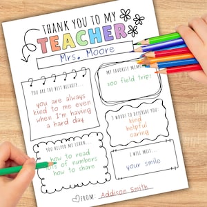 May include: A handwritten thank you note to a teacher, with colorful text and drawings. The note includes the text "THANK YOU TO MY TEACHER" and is being held by a person with colored pencils.