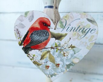 Summer decor Bird with flowers, hanging heart for home, Wooden wall decorations rustic garden decor vintage style