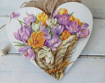 Crocuses flowers spring bouquet Summer decor wall hanging plaque heart decorations for home Mothers day gift Flower ornament