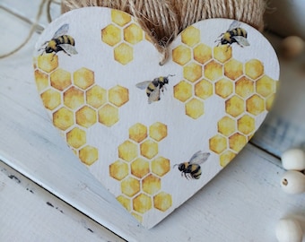 Bumble bee Summer decor hanging heart Wooden summer decoration for home Garden decor