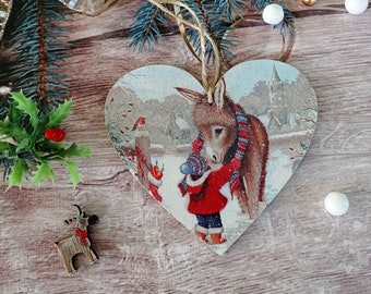 Small cut Christmas ornament  with donkey. Wooden  hanging heart . Winter Wooden Christmas decorations tree holiday decor