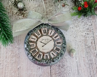 Victorian Christmas ornaments silver clock face. Wooden Christmas decorations vintage style. Secret Santa gift