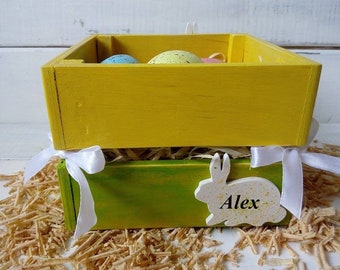 Personalized wooden Easter basket with Hand Painted eggs ornament and bunny Easter décor Wood Easter decoration Spring Easter gift Egg hunt