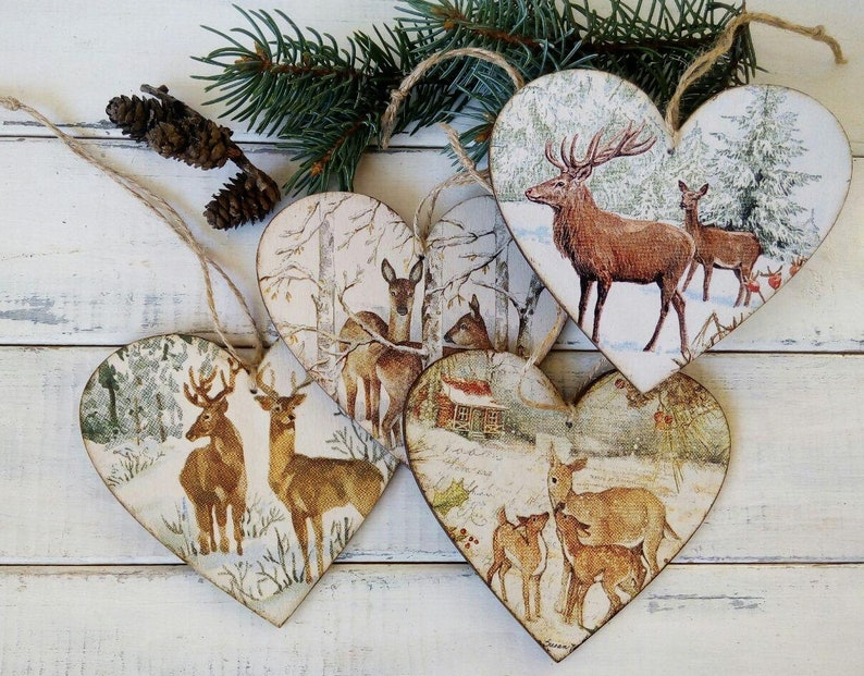 Christmas deers in winter woodland hanging heart. Wooden | Etsy