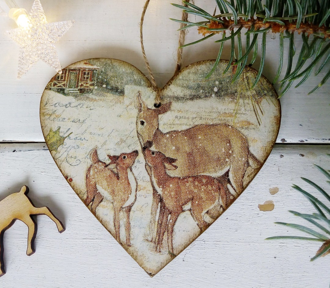 Christmas Deers in Winter Woodland Hanging Heart. Wooden - Etsy