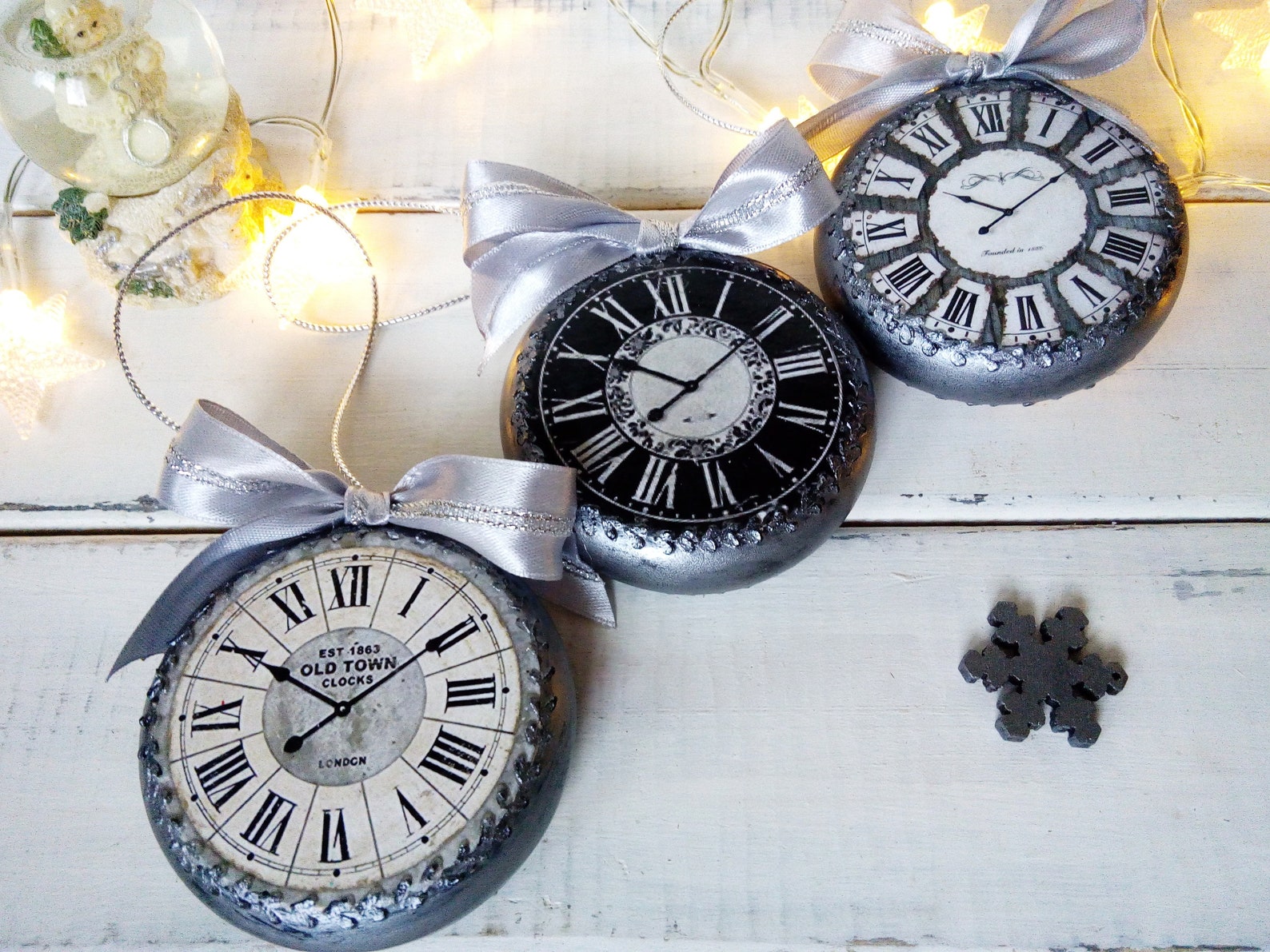 Silver Christmas ornaments clock round form in vintage Etsy