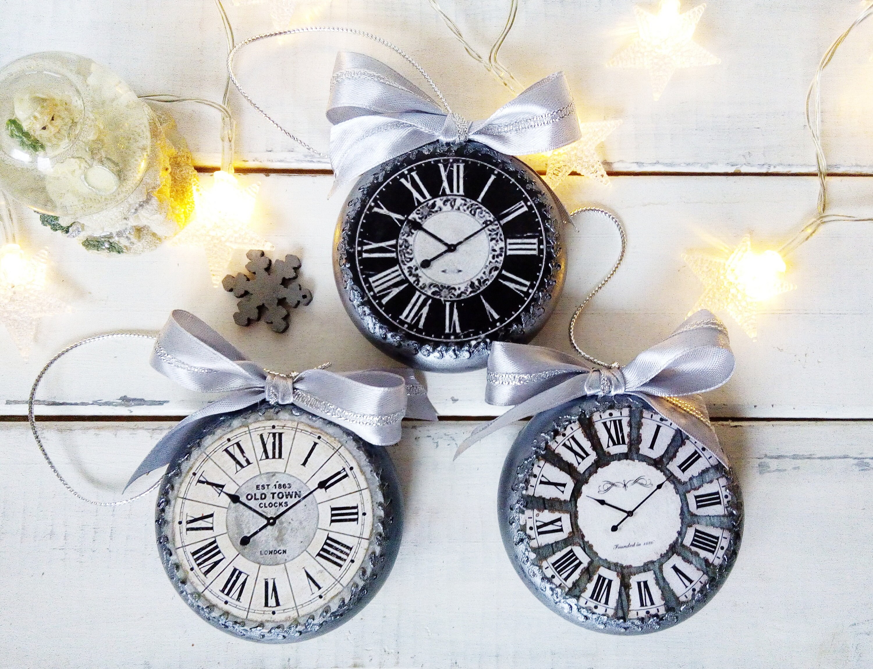Silver Christmas ornaments clock round form in vintage Etsy