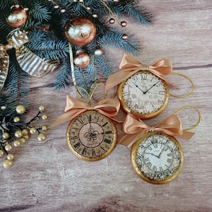 Handmade Victorian Christmas Ornaments, Wooden Clock Face Decor (Set of 3)