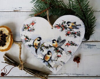 Winter Birds Wooden Heart Ornament, Rustic Christmas Decor