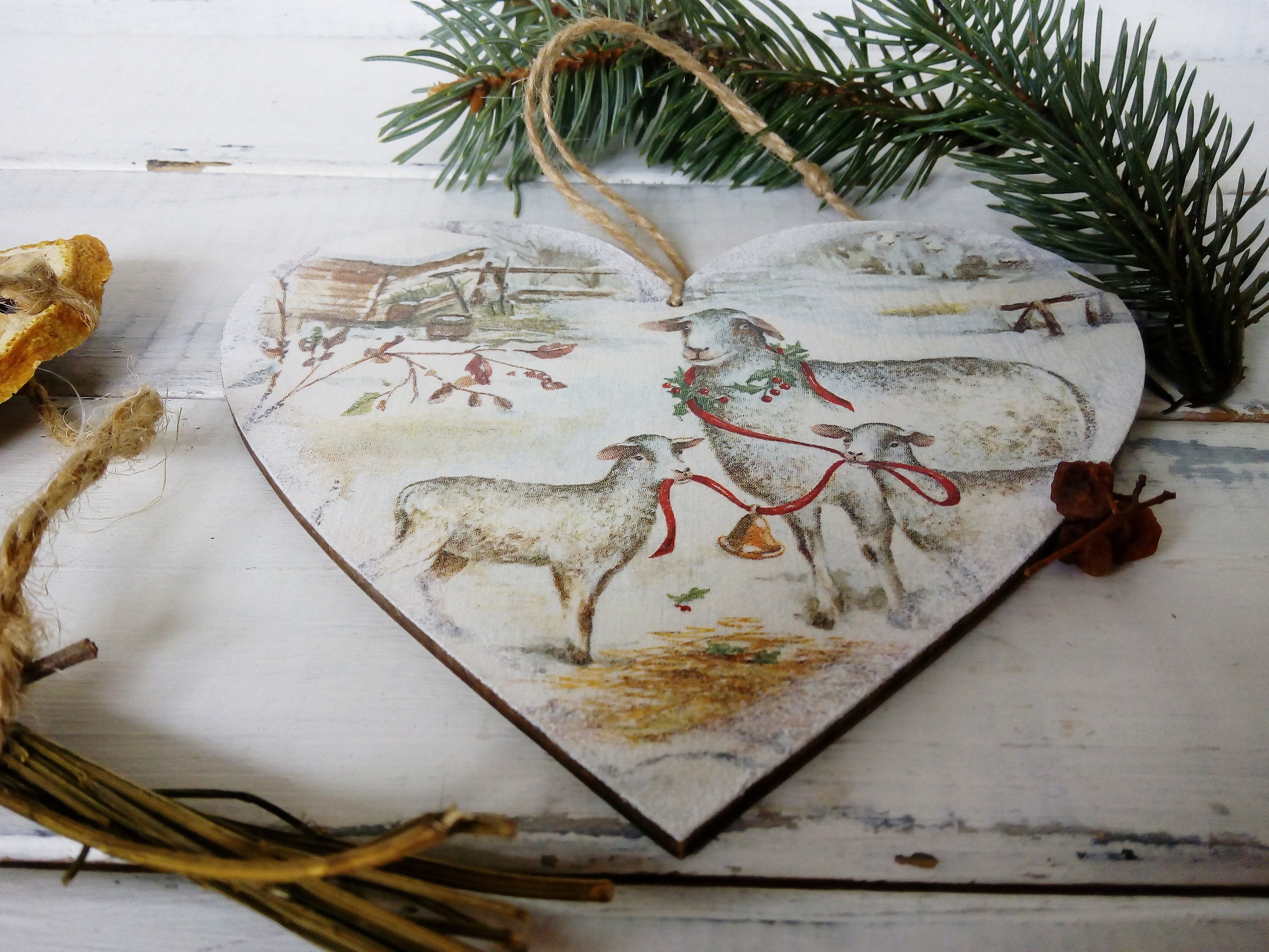 Sheep Lambs Christmas Ornament White Christmas Hanging Heart - Etsy
