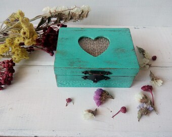 Blue engagement ring box with heart. Proposal ring box. Wedding Personalized Rustic Wooden box Ring holder