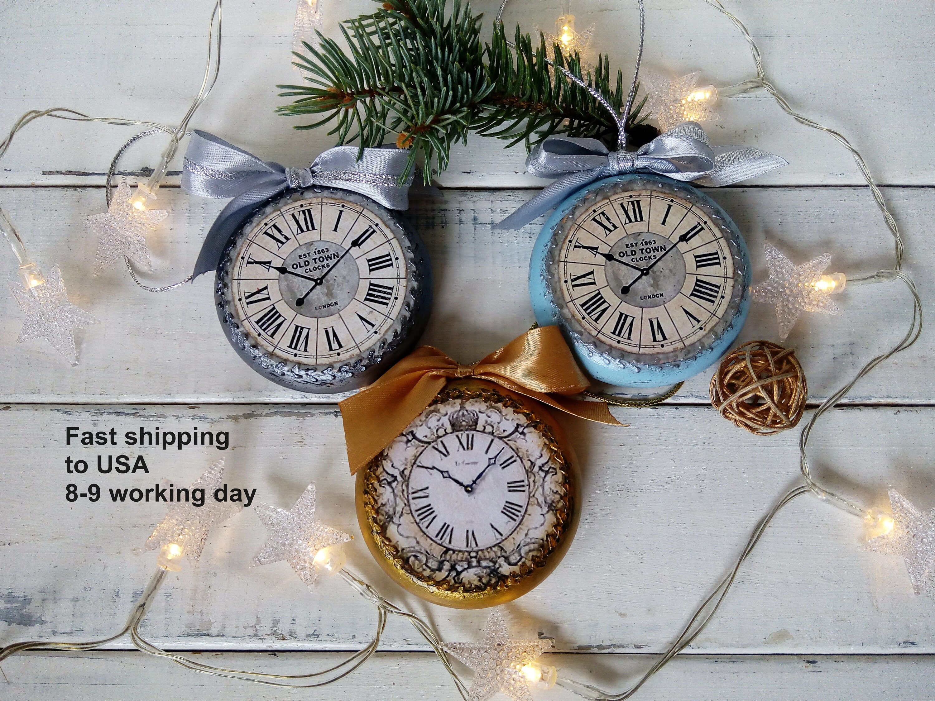 Set Christmas ornaments clock round form in vintage styles Etsy