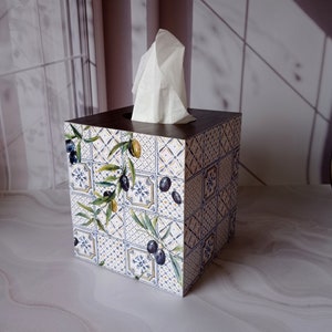 Caja de pañuelos de madera cubierta cuadrada estilo azulejos Majolica, decoración del baño, regalo para mamá