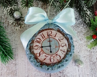 Blue Christmas decorations vintage style. Clock Christmas ornament. Victorian decor. Christmas present.