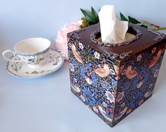 William Morris inspired personalised tissue box cover Strawberry Thief napkin holder Wooden squares storage box for napkins mothers gift