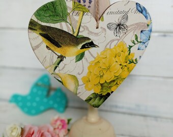 Cottage summer decor Bird with yellow  flowers hanging heart summer decor for home.