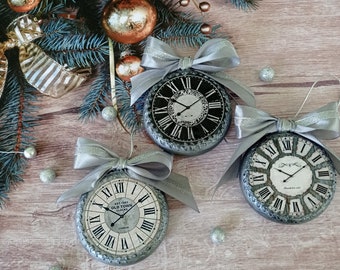 Silver Christmas ornaments clock round form  in vintage styles, retro christmas tree decorations Victorian Christmas decor