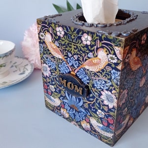 William Morris inspiró la cubierta de la caja de pañuelos personalizada Strawberry Thief servilletero Caja de almacenamiento de cuadrados de madera para servilletas regalo de las madres