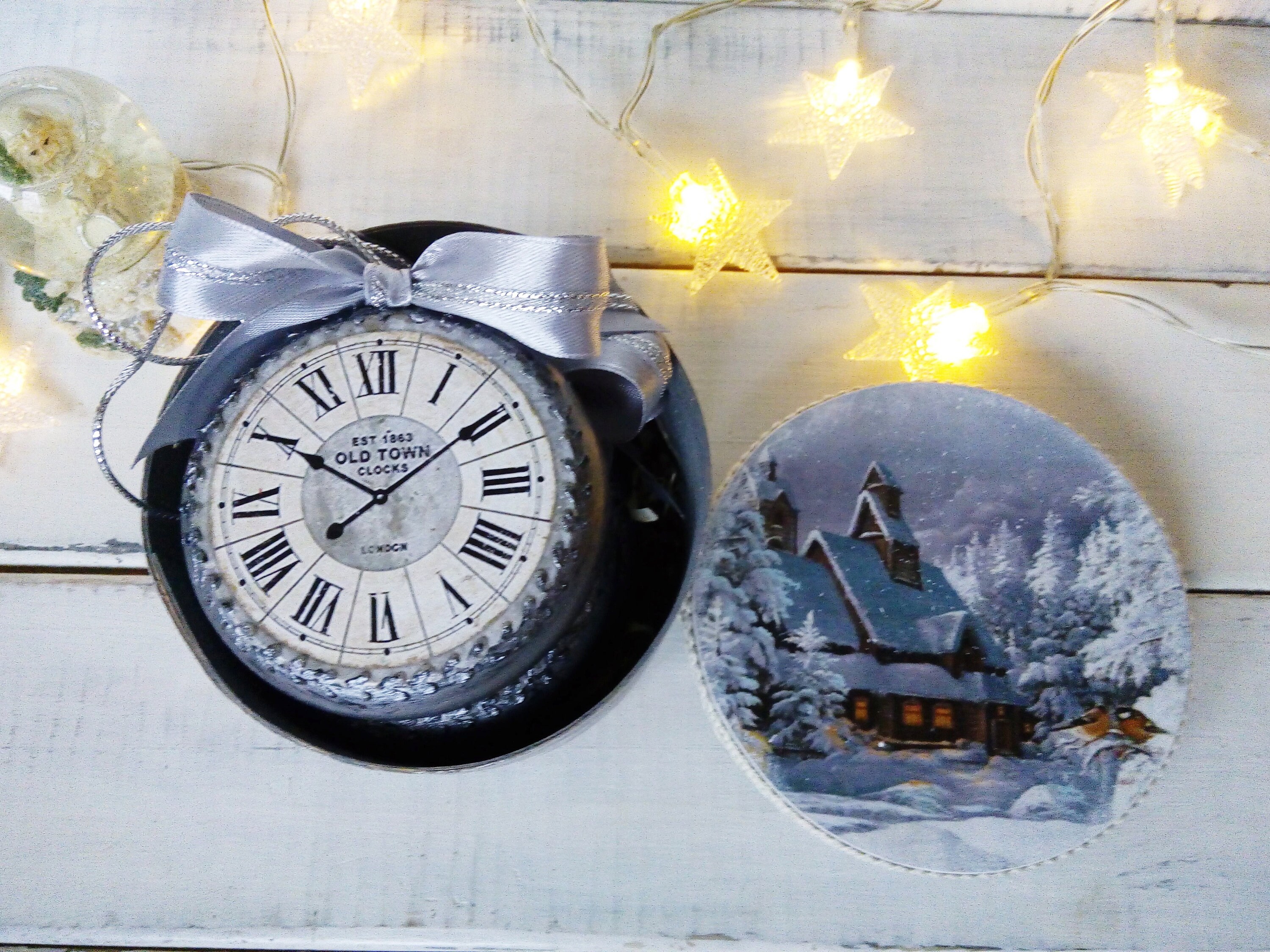 Silver Christmas ornaments clock round form in vintage Etsy