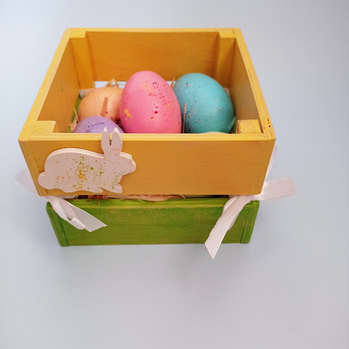 Personalized Wooden Easter Basket With Hand Painted Eggs Etsy