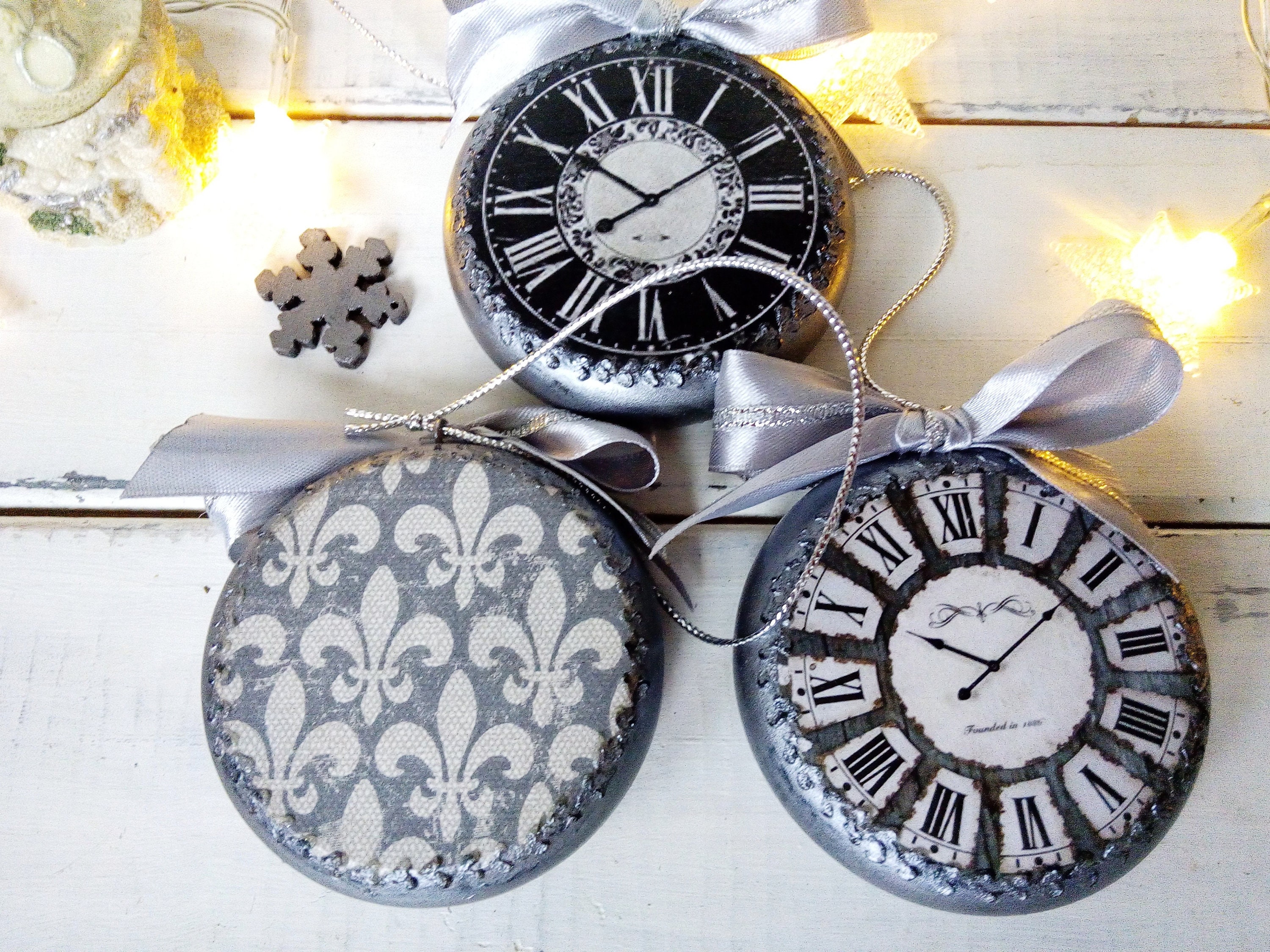 Silver Christmas ornaments clock round form in vintage Etsy