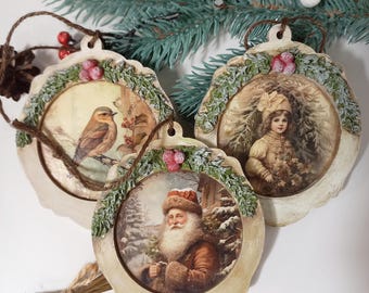 Vintage Style Wooden Christmas Ornaments Set: winter bird, Santa Holiday Decor