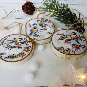 Winter birds Christmas ornament set Nature Christmas tree slices birch ornament Bird lover gift  Coworker gift Rustic Christmas decor