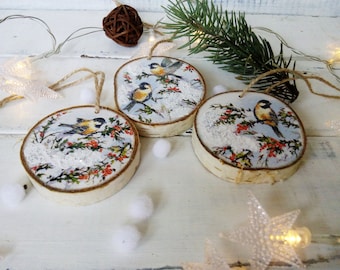 Winter birds Christmas ornament set Nature Christmas tree slices birch ornament Bird lover gift  Coworker gift Rustic Christmas decor