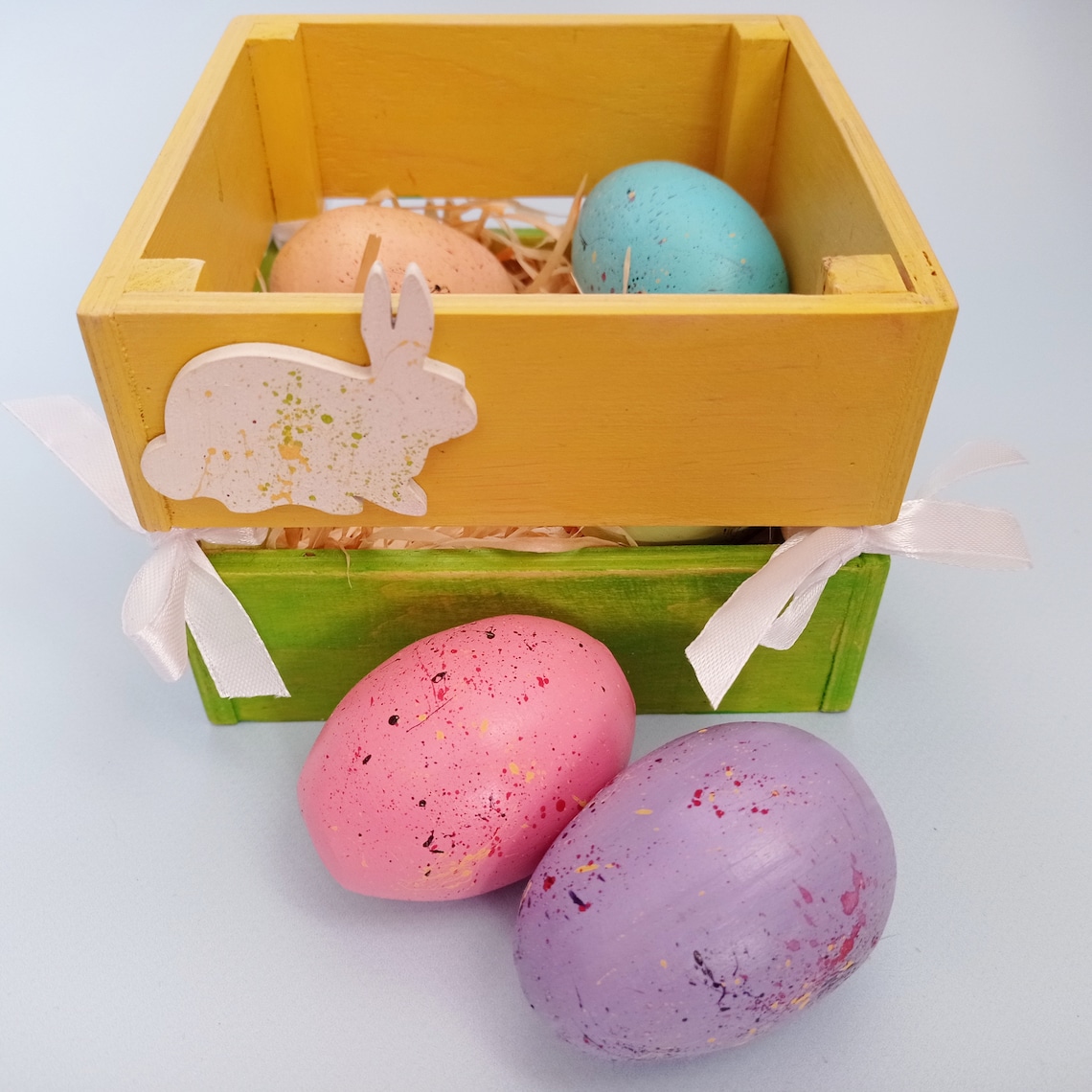 Personalized Wooden Easter Basket With Hand Painted Eggs Etsy