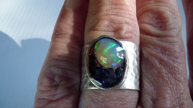 Andy/'s Gem Garage Sale Ethiopian Opal and Blue Sapphire Ring set in Resin