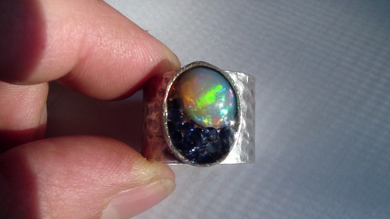 Andy/'s Gem Garage Sale Ethiopian Opal and Blue Sapphire Ring set in Resin