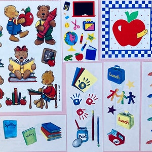 May include: A set of colorful stickers featuring teddy bears, apples, books, crayons, and other school-themed imagery. The stickers are perfect for adding a touch of fun to school supplies, notebooks, or crafts.