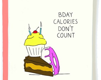 No Calories Birthday Card | Funny Birthday Card, Diet Card, Food Birthday Card, Donut Card, Birthday Cake, Happy Birthday Friend