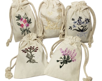 3" x 5" Botanical Embroidered Cotton Muslin Mini Drawstring Pouches Floral Wild Flowers Favor Gift Bag Wedding Jewelry Satchet Easter