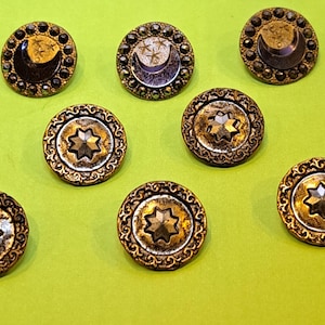 Moons and Stars. Brass charmstring picture buttons. Antique. Set of 8.  5/8"