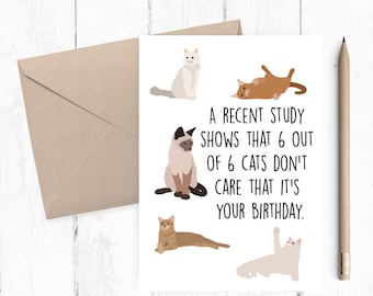 May include: A humorous birthday card featuring six cartoon cats with the text "A recent study shows that 6 out of 6 cats don't care that it's your birthday."