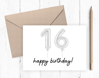 Tarjeta de cumpleaños número 16, Tarjeta de cumpleaños imprimible de 16 años, PDF, PNG, Descarga instantánea