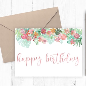 Cartão de feliz aniversário para impressão, cartão de aniversário floral para ela, download instantâneo em JPG, PDF 5x7 inclui modelo de envelope para impressão