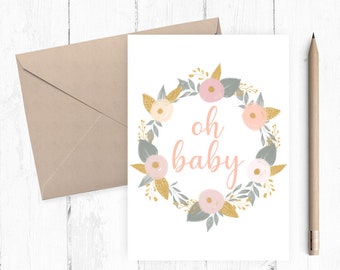 Printable Baby Shower Card, Girl Baby Shower Card, Welcome Baby Card, Instant Download, 5x7 PDF JPG, pregnancy announcement printable