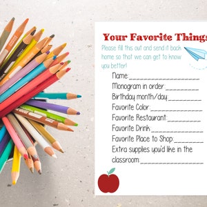 Teacher Questionnaire Printable, Getting to Know Teacher, Teacher Favorite Things, Instant Download 8x10 printable
