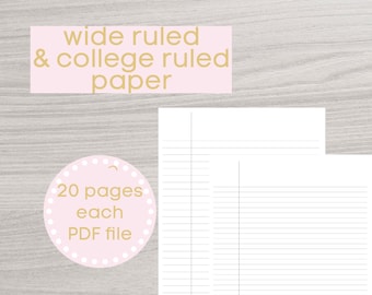 Printable Lined Paper PDF, College Ruled Paper, Wide Ruled Paper, Digital Paper