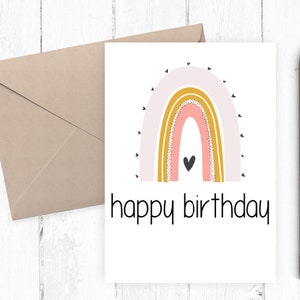 Tarjeta de feliz cumpleaños Boho Rainbow, tarjeta de cumpleaños para ella, descarga instantánea JPG, PDF 5x7 incluye plantilla de sobre imprimible