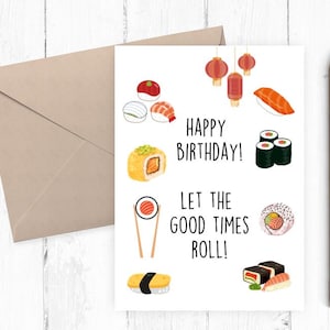 Tarjeta de cumpleaños imprimible, descarga instantánea, tarjeta de cumpleaños de sushi, tarjeta de cumpleaños para amantes del sushi, incluye plantilla de sobre imprimible