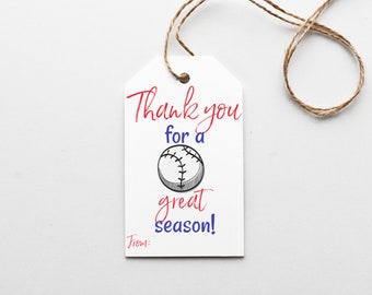 Baseball Printable Gift Tag, Thanks for a Great Season Favor Tag, End of Year, All Star, summer Tag Printable, Instant Download PDF JPG