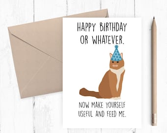 May include: A white card with a brown cat wearing a blue party hat. The text on the card reads "Happy Birthday or Whatever. Now make yourself useful and feed me."
