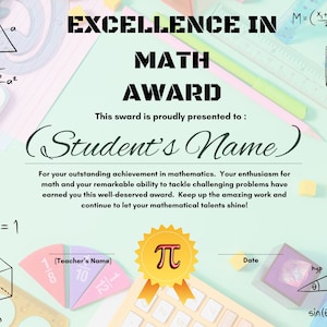 Pode incluir: Um certificado de excelência em matemática com fundo verde, azul e rosa. O certificado tem um design geométrico com um símbolo pi e o texto "Excelência em matemática".